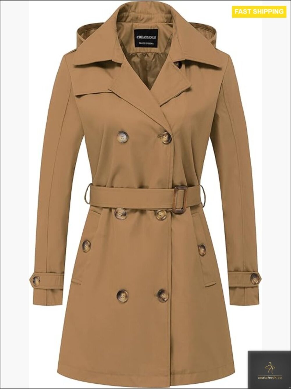 Classic Double-Breasted Trench Coat Slim Fit Detachable Hood Waterproof